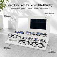 Présentoir à lunettes multi-niveaux en acrylique blanc avec miroir intégré, écran numérique, zone d'affichage et éclairage alimenté pour comptoir