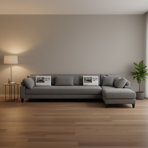 Divano componibile a L in velluto a coste grigio, set da 5 pezzi per soggiorno, design moderno con cuscini e pouf - Product Image 2