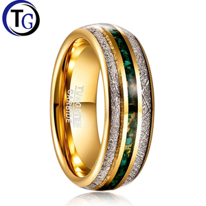 TG cổ điển 8mm rộng vonfram vòng mạ Vàng dát Chống Thiên thạch màu xanh lá cây vỡ đá tự nhiên unisex Kích thước 7-13 - Product Image 1