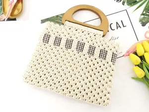 2023 New Cotton Bow Wooden Handle Handheld Woven Bag Fashion And Leisure Women's Bag Beach Bag