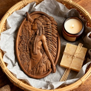 Scultura in Legno Massello con Dettagli in Rilievo e Finitura Naturale, Design Donna e Lupo per Decorazione d'Interni - Product Image 5