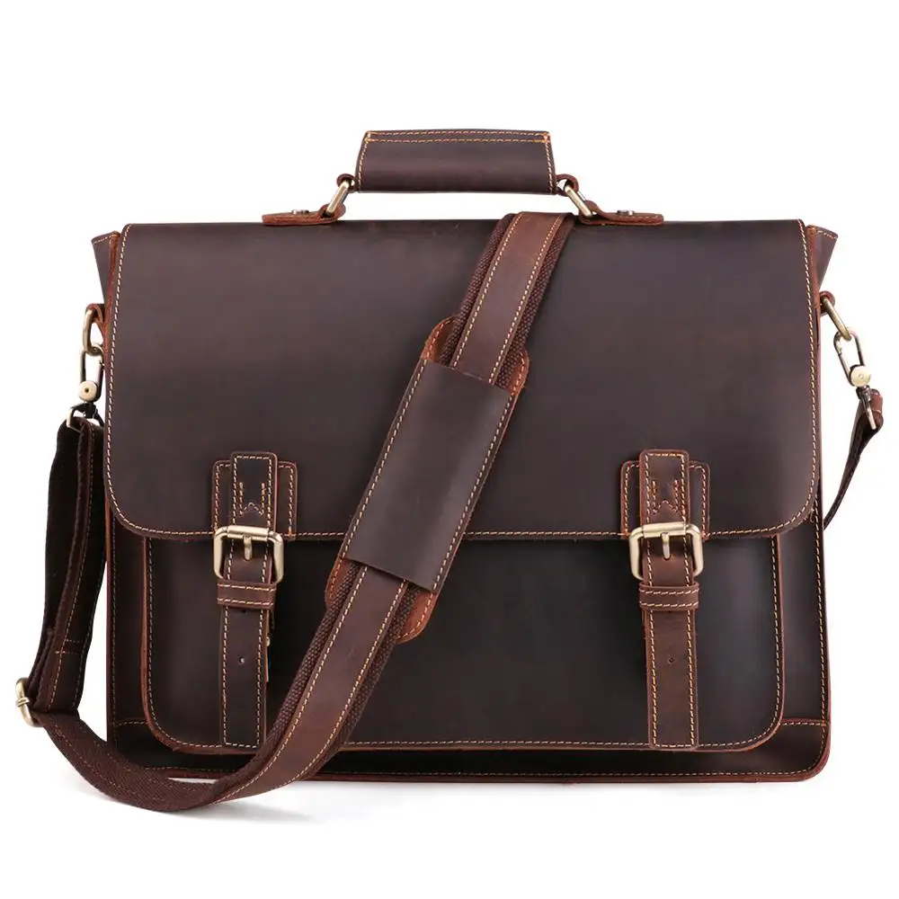 Vintage Crazy Horse Leather Messenger Bag Male 15.6" Laptop Shoulder Bag Men Business Office Handbag Men's Briefcase