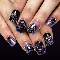 Lot de faux ongles gothiques pour Halloween, bordeaux et noir ombré, motif toile d'araignée argentée, à pression mécanique, 24 pièces