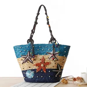 Bohemian Style Handmade Beaded Starfish Embroidery Woven Wheat Straw Basket Bag