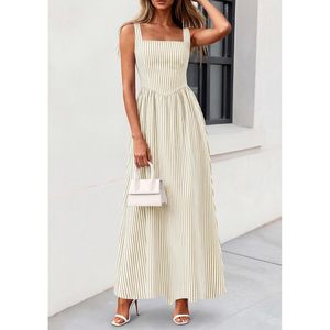 Vestido Maxi de Verano para Mujer FOXA, Vestido de Playa con Rayas, Cuello Cuadrado, Corte en A, Cintura Imperio, Transpirable y Largo - Product Image 4