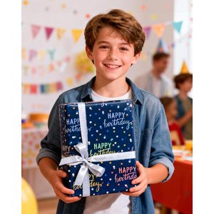 Rollo de Papel de Regalo de Cumpleaños Azul Metálico Holográfico, Papel de Regalo Reversible con Rayas, 46.5 Pies Cuadrados - Product Image 4
