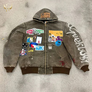 OEM 도매 빈티지 디스트레스 자수 패치 산성 세척 햇빛 바랜 100% 코튼 프렌치 테리 오버사이즈 재킷 후드티 - Product Image 3