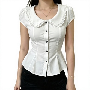Blusa Blanca para Mujer con Cuello Peter Pan, Manga Corta, Botones, Plisada, de Algodón, Color Sólido, Informal, para Uso Diario - Product Image 2