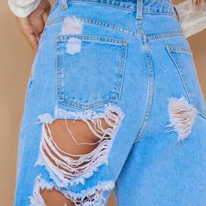 Benutzer definierte Frauen Street Style Hellblau gewaschen Distressed Bum Rip Baggy Boyfriend Jeans Tattered Jeans Bale