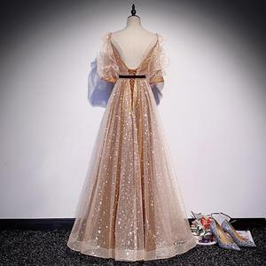 Women's Evening Gown Champagne Gold Chiffon Backless Empire Waist A-Line Long Dress For Hostess - Product Image 5
