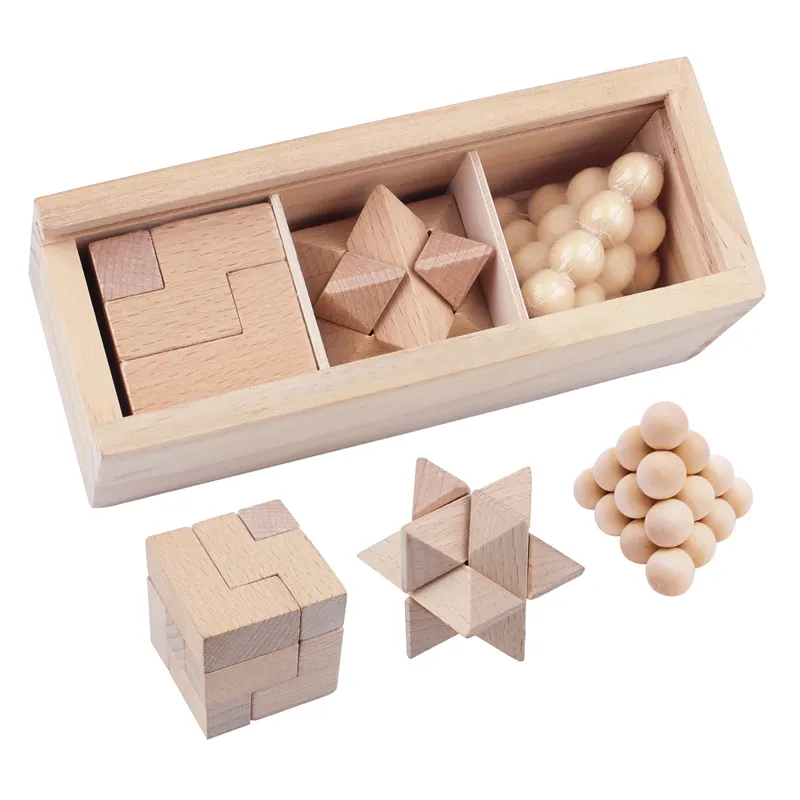 3 unids/set de rompecabezas de madera rompecabezas Puzzle rompecabezas Iq rompecabezas Incluye caja de madera