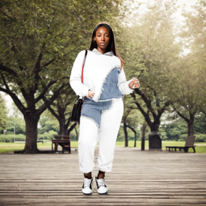 ชุดเซ็ต 2 ชิ้น เสื้อฮู้ดลำลองผ้าเดนิมต่อผ้าสไตล์ลำลองสำหรับฤดูใบไม้ร่วงและฤดูหนาว แฟชั่นสำหรับผู้หญิง - Product Image 4