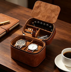 Étui de voyage vintage en cuir marron pour montres, double compartiment, boîte à bijoux portable pour bagues, colliers et bracelets de perles - Product Image 6