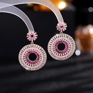 Fashion Design Retro Ethnic Bohemian Sweet Gradient Blue Pink Cubic Zircon Rainbow Circle Drop Earrings Jewelry for Women