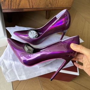 Chaussures de soirée de luxe à talons aiguilles et bout pointu, couleur métallique violette brillante, semelle extérieure personnalisée, grande taille 46 - Product Image 1