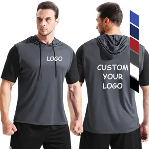 Sweat à capuche d'entraînement à manches courtes pour hommes avec logo personnalisé Patchwork Fitness Sports Sweat à capuche de gymnastique pour hommes