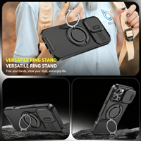 Coque de téléphone personnalisable en TPU+PC pour iPhone avec fenêtre coulissante pour l'appareil photo, support magnétique, béquille, coque antichoc robuste 3-en-1