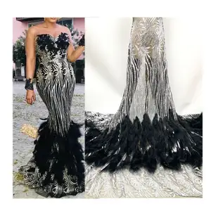 AF Exclusive feather tulle lace high quality french net with sequins lace dress fabric for bridal