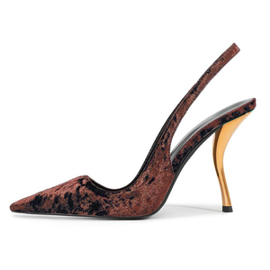 Zapatos de tacón de aguja dorados personalizados para mujer con correa trasera, de pana, tipo slingback, sandalias de vestir con punta. - Product Image 3