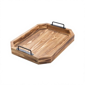 Plateau de service en bois fait main avec poignées en métal noir plateau organisateur de petit déjeuner à bord octogonal rectangulaire - Product Image 1