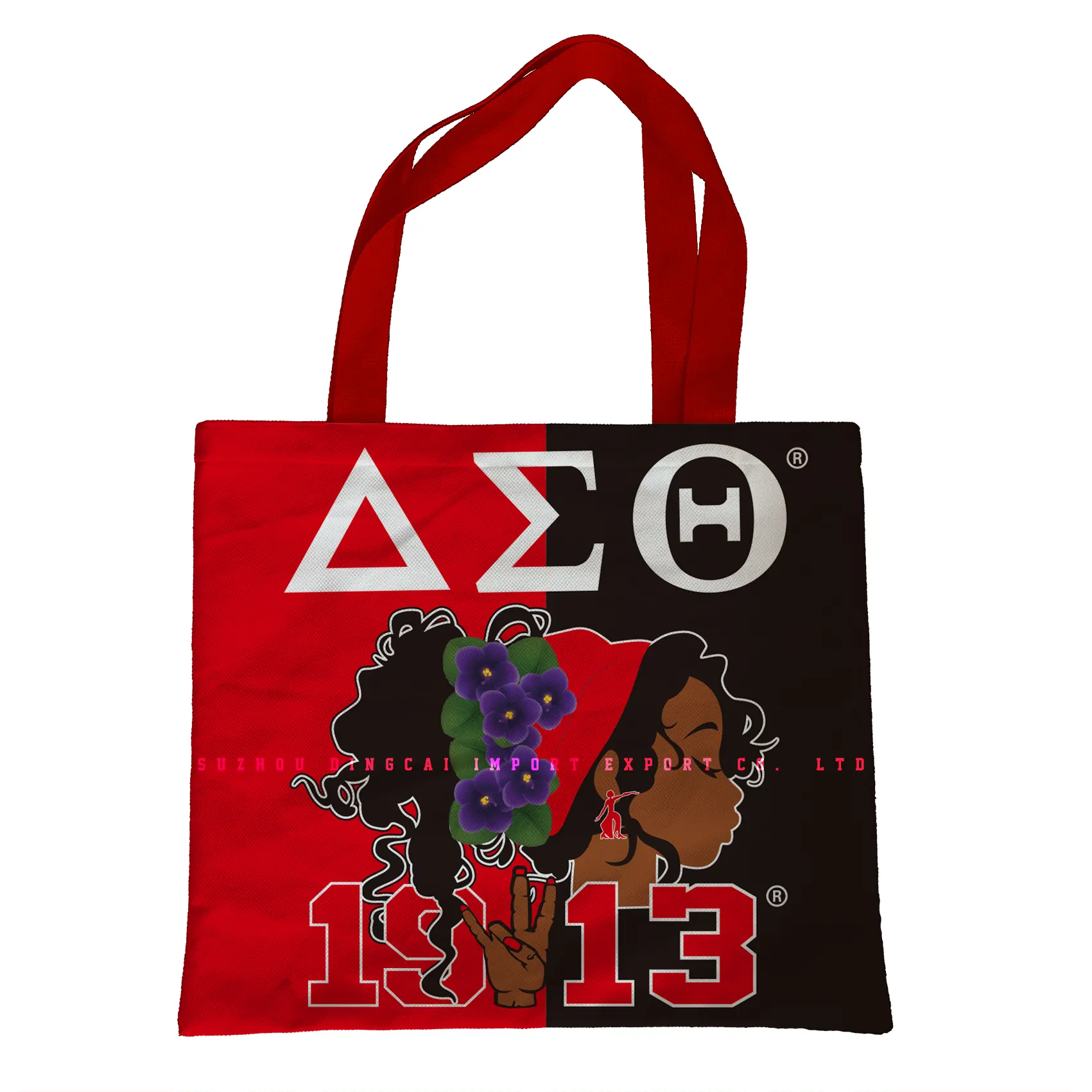 High quality Double Side Sublimation Printing 16"x14" Heavy Material Red and White Greek Letters Tote Bag