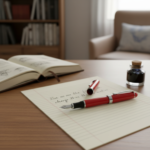 Penna stilografica in metallo rosso con finiture argentate e pennino fine per la scrittura - Product Image 3