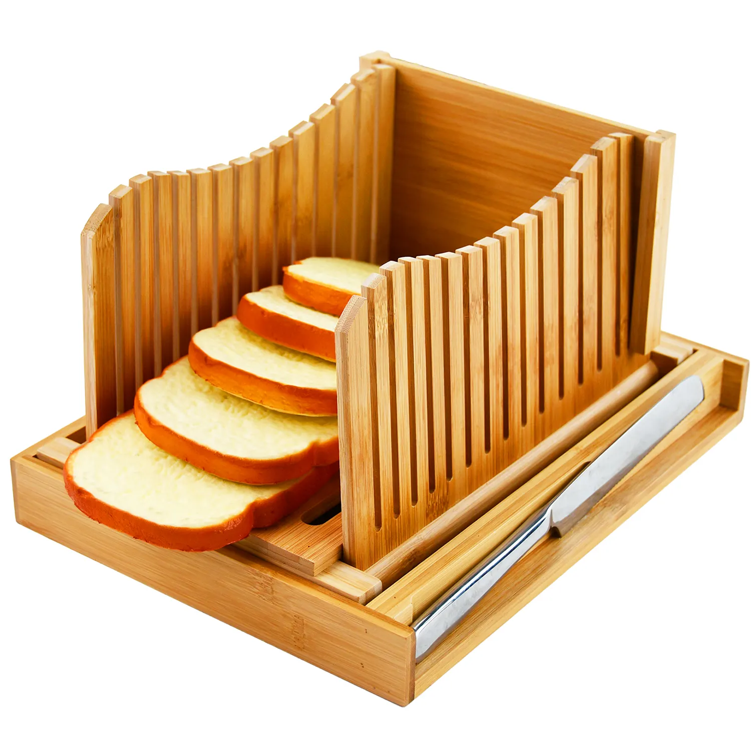 Guide de coupe compact pliable Trancheuse à pain en bambou avec couteau et plateau à miettes pour pain, gâteau, bagels faits maison