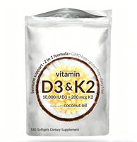 Gélules de Vitamine D3 K2 Premium 10000 UI 200 µg avec Huile de Coco, 180 Gélules pour le Soutien Immunitaire et la Santé Osseuse des Adultes, Sans OGM