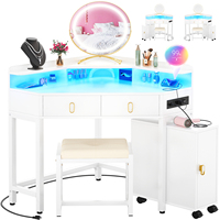 Bureau d'angle triangulaire moderne réglable avec miroir éclairé, station de charge et 2 tiroirs pour petit espace, chambre, salle à manger, coiffeuse