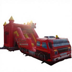 Château gonflable d'extérieur robuste en PVC, rouge uni, pour adultes, avec double piste et thème <span class=keywords><strong>camion</strong></span> de pompiers, personnalisable, pour la <span class=keywords><strong>location</strong></span> - Product Image 1