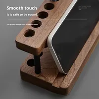 Organisateur de bureau en bois vintage avec support pour téléphone et porte-stylos, support de rangement multifonctionnel en bois pour stylos avec support mobile intégré