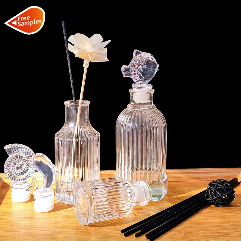 Empty 35ml 100ml 150ml 200ml 250ml Clear Home Decoration Carved Air Aroma Glass Diffuser Bottle Fragrance Reed vertical stripe