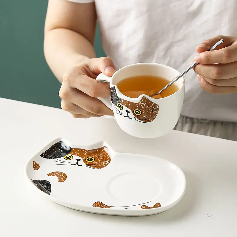 Juego de platillos de cerámica para gatos, taza de café de cerámica 3d