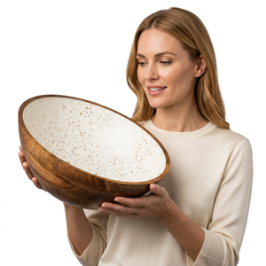 Bol de service artisanal en bois de manguier écologique, moderne et luxueux, compatible lave-vaisselle, motif floral imprimé multicolore, rayures - Product Image 2