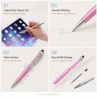 Stylo bille personnalisé avec logo, 2 en 1, métal, cristal, diamant, stylet tactile, vente en gros