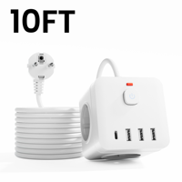Enchufe de Extensión Europeo 7 en 1 con Puertos USB, 3 Tomas de Corriente Alterna, Enchufe Europeo para Cable de 3 Metros con Cubiertas de Seguridad