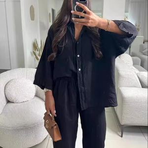 Traje de mujer de <span class=keywords><strong>lino</strong></span> y algodón de dos piezas Europeo Americano 2024, conjunto de camisa informal elegante con botones a la moda para verano y otoño - Product Image 1