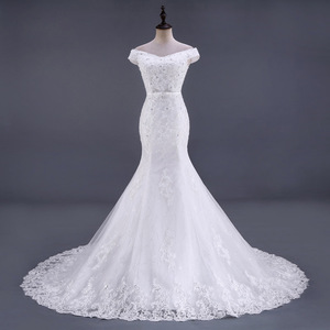 Mermaid Wedding Dress White V-Neck Lace Off Shoulder Trumpet Gown Vintage Style - Product Image 1