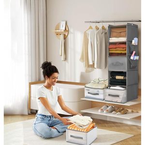 Organiseur de placard suspendu à 5 niveaux avec 2 tiroirs, pliable, en tissu non tissé, pour l'organisation des vêtements dans la chambre - Product Image 2