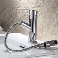 Robinet de lavabo chromé extractible monocommande chaud/froid, mitigeur de salle de bain à poser sur comptoir avec douchette extractible