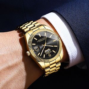 Reloj de Cuarzo de Lujo para <span class=keywords><strong>Hombre</strong></span>, Dorado, 40 mm, Bisel Estriado, Fecha, Doble Pantalla, Luminoso, Resistente al Agua 30 m, Acero Inoxidable - Product Image 3