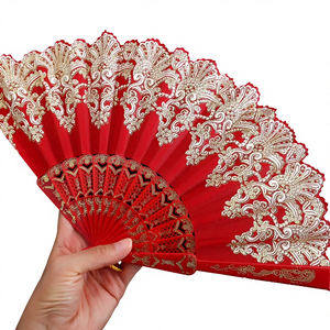 Abanico Plegable de Estilo Nacional Chino para Danza del Cheongsam, Abanico Plegable Español Dorado - Product Image 1