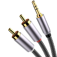 Câble Premium 3,5 mm Stéréo Mâle vers 2 RCA Mâle 28AWG, Plaqué Or, Tressé en Nylon Noir, Câble Répartiteur Stéréo AUX RCA en Y