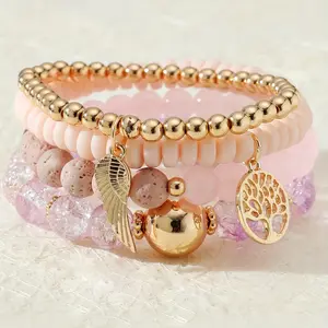 Women Jewelry Pink Rose Quartz Stretchy Natural Crystal Stone Rose Quartz Glass Bead Stacking Bracelet Set