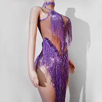 Justaucorps Disco Diva violet électrique à franges de strass pour spectacle de Samba, performance scénique, costume de star pop, Drag Queen, Showgirl