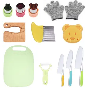 Customizable Kids Kitchen Knife Set 12pcs with Plastic Knifes,Gloves CuttingBoard,Sandwich Cutter for Real Cooking