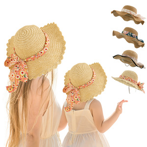 Q20112 Mom & Me Summer Bohemian <span class=keywords><strong>Bali</strong></span> Panamá Style Fedora Straw Beach Sun Hat Wide Brim Matching FAMILY Hats - Product Image 1