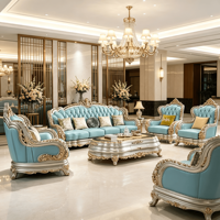 Ensemble de canapés modernes avec dossier capitonné, meubles de salon, canapé sculpté à la main en cuir bleu clair, argenté et doré, avec cadre incurvé