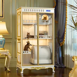 Neues Design europäisches Luxus-Katzhaus aus Holz großer Raum-Katzkäfig mit Kratzpfosten Rädern