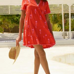 Vestido de Lino y Algodón Bordado Personalizado, Elegante, Cuello en V, Casual, Corte en A, Mangas Cortas, con Volantes, Midi, de Verano, para Mujer - Product Image 4